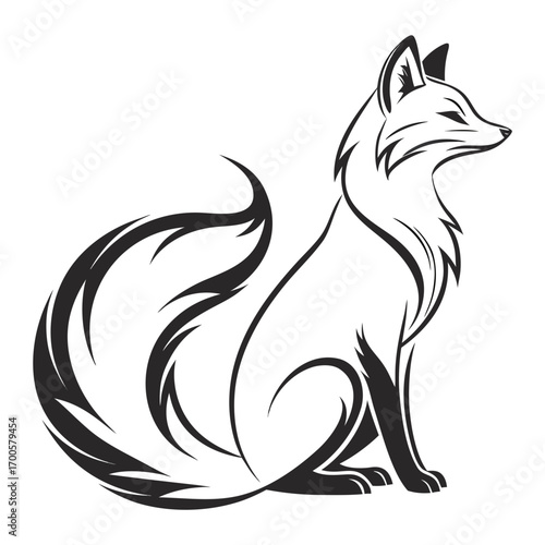 Stylized black and white fox illustration sitting with bushy tail
