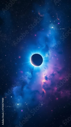 An illustration of a solar eclipse in space with beautiful colors. 