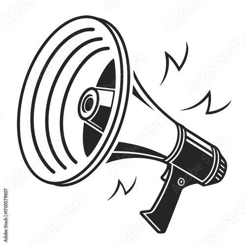 Black and white illustration of a megaphone with sound waves
