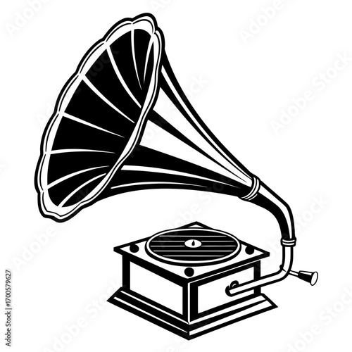 Vintage gramophone with large horn and crank in black and white