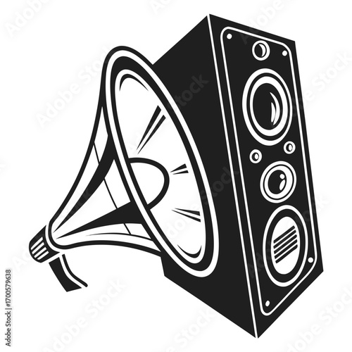 Stylized illustration of a vintage gramophone horn attached to a modern speaker
