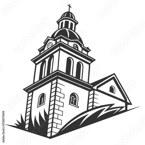 Stylized black and white illustration of a church tower with a cross