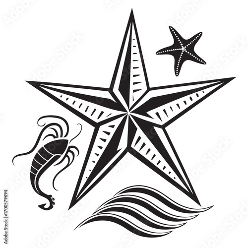 Nautical star with starfish fish and waves illustration