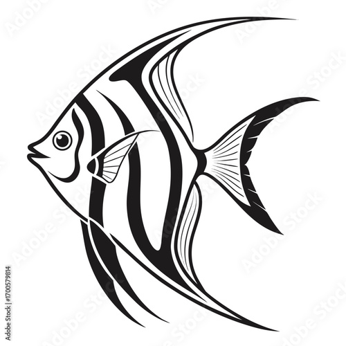 Stylized black and white angelfish illustration with flowing fins