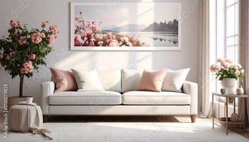 White sofa, pink accents, nature print