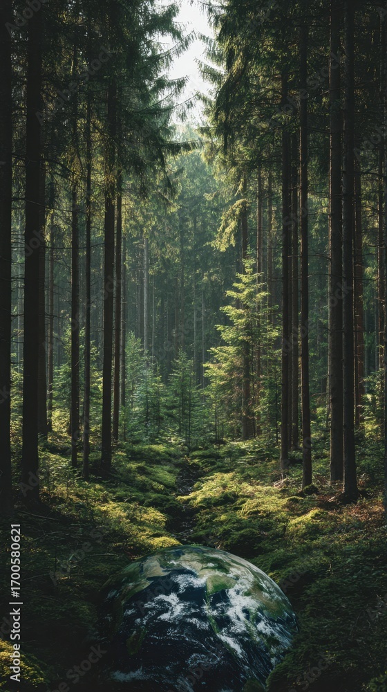 Fototapeta premium Serene forest pathway with lush greenery and tall trees capturing nature's tranquility