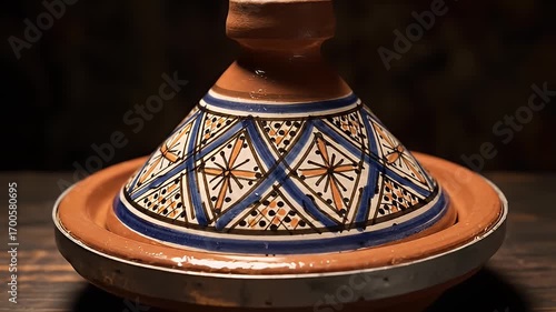 Close-up Cinematic Shot of a Traditional Moroccan Tagine Pot with Intricate Geometric Patterns