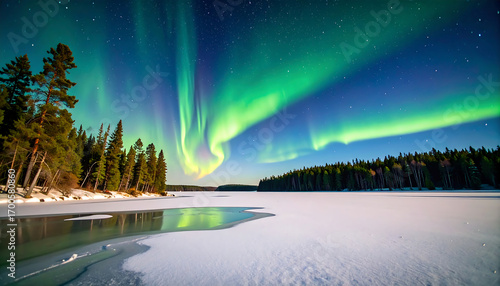 Spectacular Green Aurora Borealis Lights Dancing Across the Starry Night Sky Above a Frozen Lake and Pine Forest Landscape