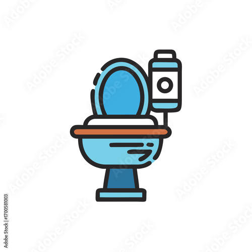 Toilet with flush tank in minimalist design and blue outline  