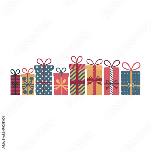 "Gift Boxes Row Illustration – Patterned Holiday and Christmas Presents Collection"