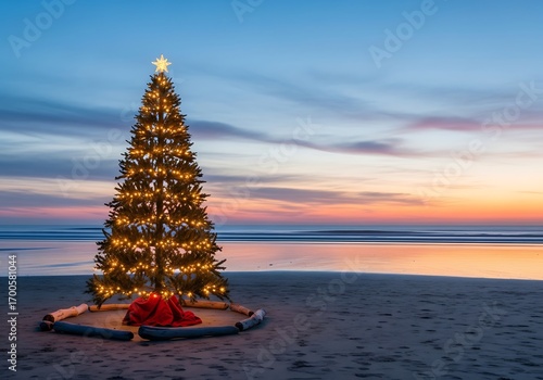 Illuminated christmas tree on a beach at sunset