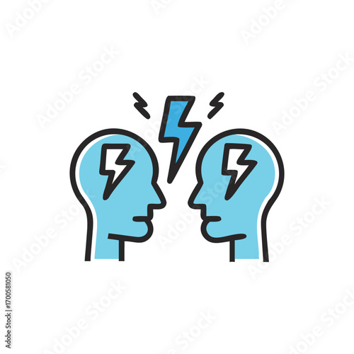 Two abstract heads with lightning bolts connecting them  