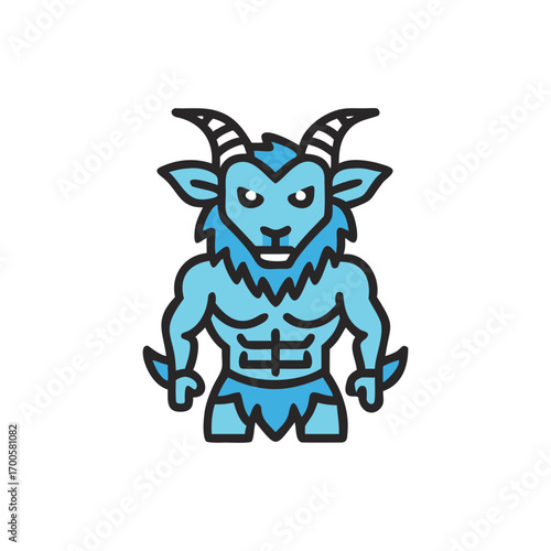 Blue mythical satyr character with muscular build and horns  