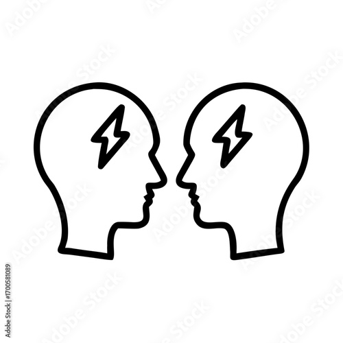 Two human heads facing each other with lightning symbols on the sides  