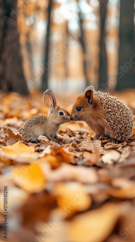 A sweet hedgehog and a charming rabbit lean in for a kiss, surrounded by a serene environment glowing softly with natural light, showcasing their endearing connection