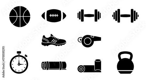 Monochrome fitness and sports equipment icon collection