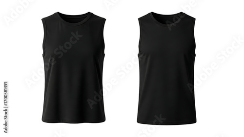 Two plain black sleeveless shirts displayed against a white background.
