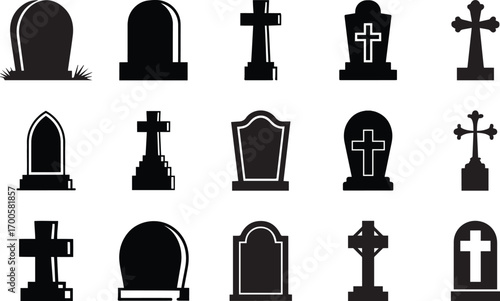 Tombstone and gravestone silhouette set with cross icons, vector illustration