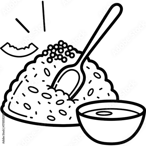 Simple outline illustration of a prepared meal, featuring a generous serving of granular food with a spoon and a small side bowl, symbolizing humble sustenance or everyday dining