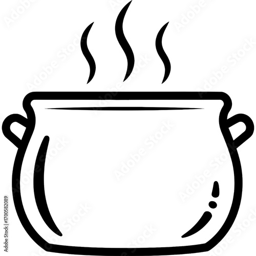 Black and white line art icon of a steaming hot cooking pot, symbolizing a warm homemade meal and the joy of cooking