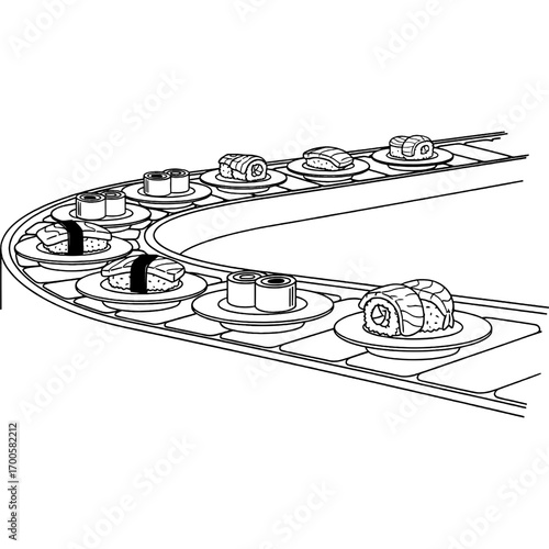 Illustration of a revolving sushi bar conveyor belt, an endless train of fresh Japanese food on moving plates