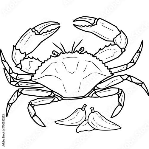 Line Art Drawing of a Crab and Chili Peppers, Perfect for Seafood Restaurants and Culinary Art