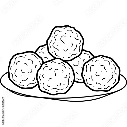 A simple black and white outline illustration of a pile of tasty meatballs on a plate, perfect for a coloring book page or food icon