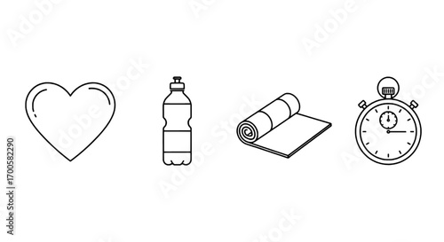 Fitness Icons Heart, Water, Mat, Timer