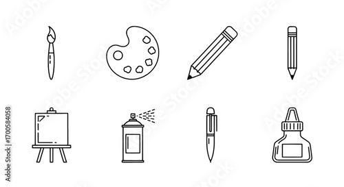 Creative art tools and painter supplies vector icon set