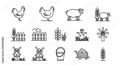 Farm Icons Set Agriculture, Livestock, and Rural Life