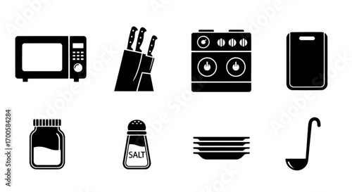 Essential kitchen utensils and appliance icons for culinary design