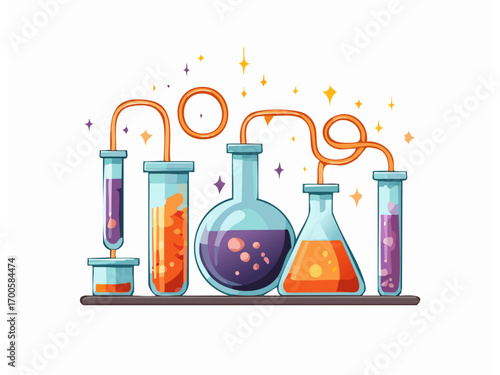 Potions inside lab flasks connected by glowing pipes, with bubbling neon liquids in vector flat style