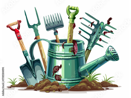 Gardening tools like rake, shovel, watering can reimagined as half-decayed, stitched-up objects.
