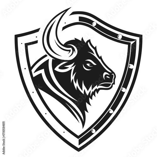Black and white shield emblem with a fierce bull head silhouette