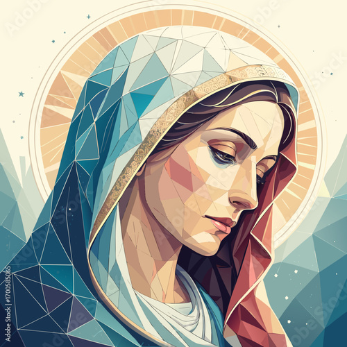 Geometric Vector Illustration of Mother Mary with Emotional Expression in Polygon Religious Art