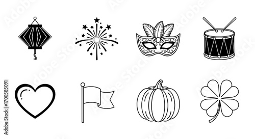 Diverse Collection of Celebratory and Symbolic Line Art Icons for Festive Occasions