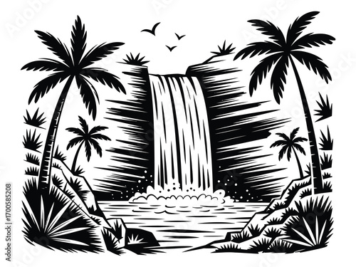 Black and white tropical island landscape with a cascading waterfall and palm trees. C.eps style vector graphic illustration in a retro woodcut linocut art style