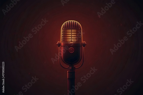 Vintage microphone glowing neon illustration on dark background for podcast and music concept
