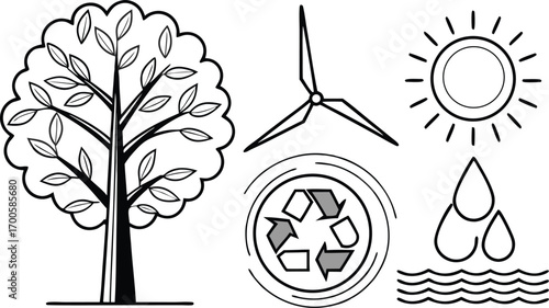Sustainable living concept with tree, wind turbine, sun, recycle and water drop icons in black and white