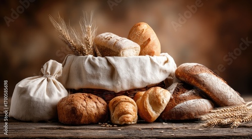 Variety of breads in a rustic basket