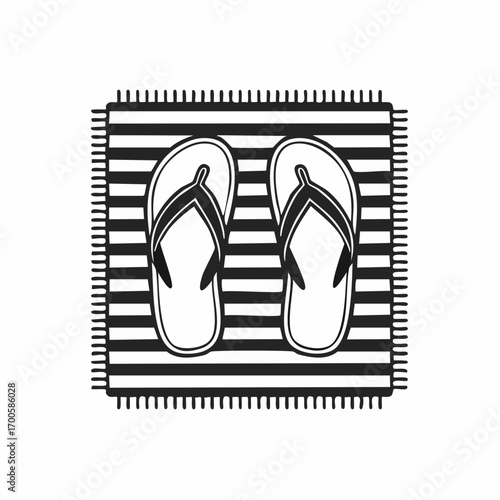 Minimalist black and white line art of summer flip-flops on a striped beach mat, a concept of vacation and relaxation