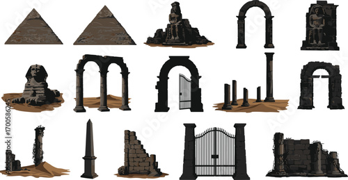 Ancient Egyptian pyramids, sphinx, statues, arches, ruins, obelisks, gates, columns, historical desert monuments, archaeological stone structures, weathered stones