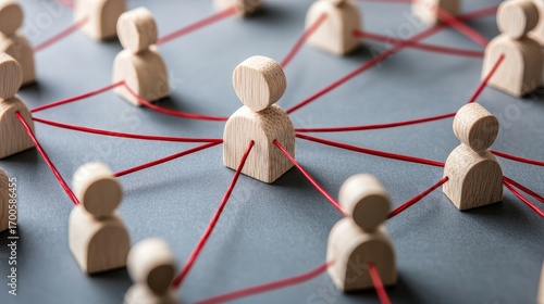 The red figure symbolizes a focal point in a human resources hierarchy, connected to diverse individuals by lines, highlighting teamwork and individual growth