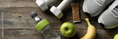 Fitness gear and healthy foods on a wooden surface.  Water bottle, dumbbells, running shoes, apple, banana, and granola bar are arranged on a rustic wooden table