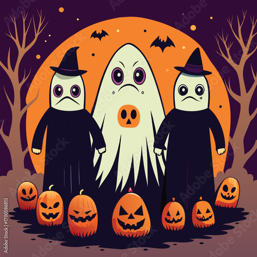 Three cartoon ghosts wearing t shirts with protest slogans for justice and equality