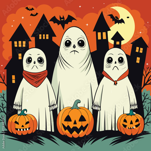 Three cartoon ghosts wearing t shirts with a no justice slogan representing protest and social commentary