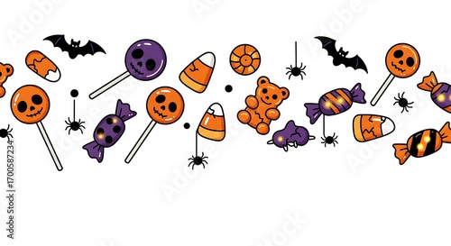 A festive Halloween border featuring various candies, bats, and spiders, arranged on a white background.