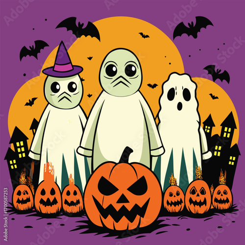 Three cartoon ghosts wearing t shirts with protest slogans for justice and equality