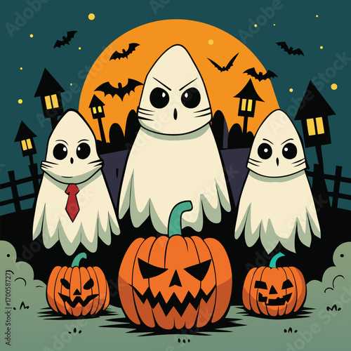 Three cartoon ghosts wearing t shirts with protest slogans for justice and equality