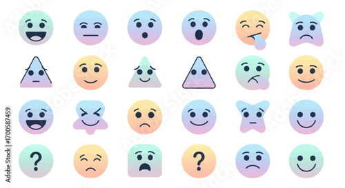 Enhance your UI with a fresh emoticon set. These flat, abstract geometric emoticons with soft pastel gradients are perfect for a British app or website